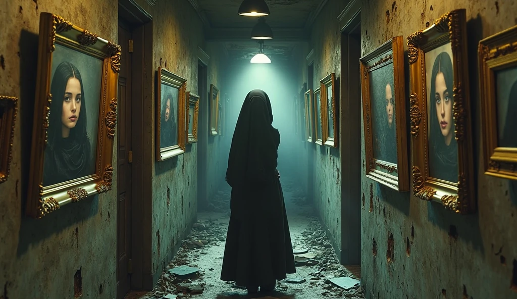 Faceless form looming in haunted hallway, Global illumination, Gorgeous splash of vibrant paint