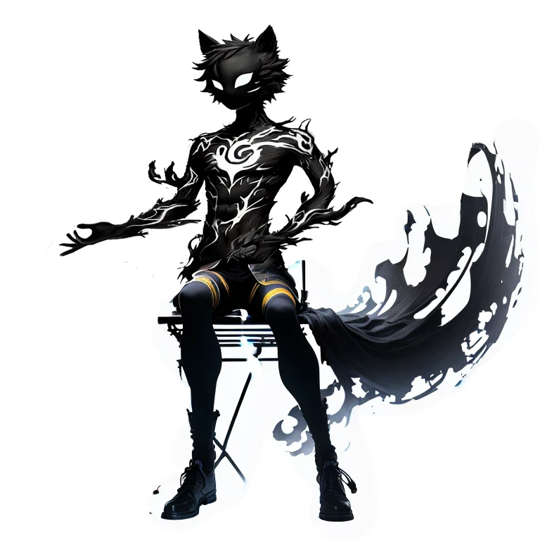 Detailed silhouette of a cyberpunk girl with cat ears and a tail, Flowing, Tattered coat, He carries a giant golden scythe with a mechanical cheetah design on it., Stand on the glossy, Minimalist reflective surface, Soft black background.