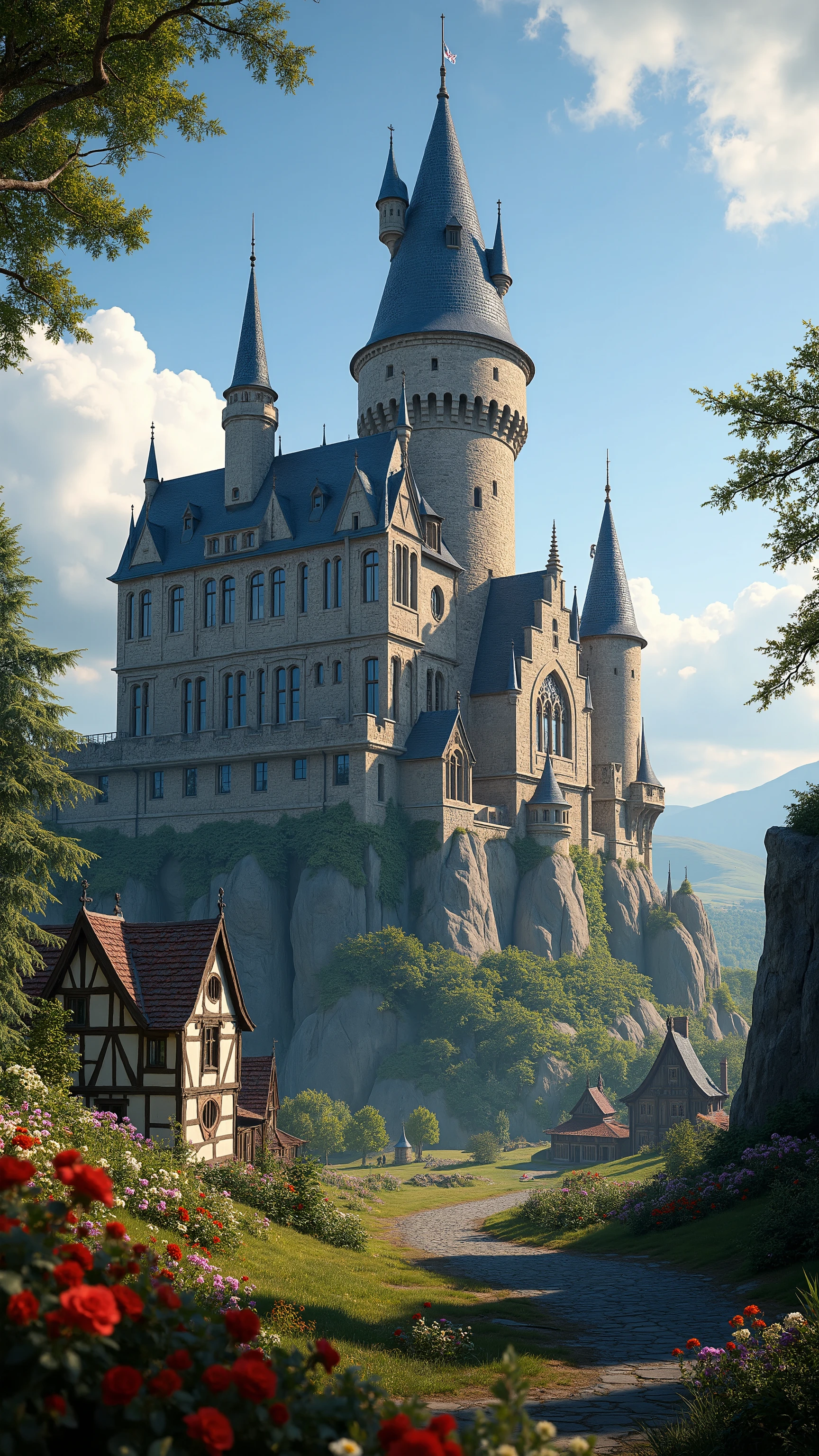  in high-definition images、The colourful King Arthur's Camelot Castle、is majestic and has enough castle ruins to make you feel awe、Castle that rises slightly above the hill、民家や花畑も観える。