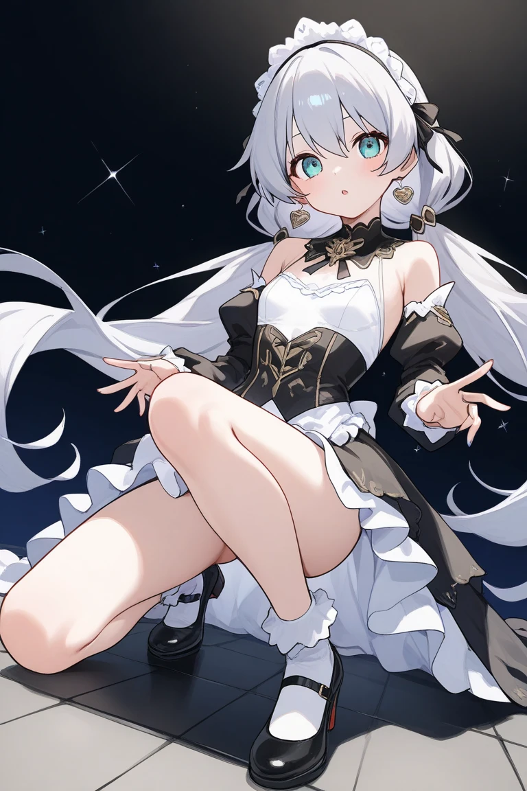 best quality, ultra high res,1girl, solo focus, elbow dress, black thighhighs, frills, ribbons,  (white hair:1),floating hair,looking at viewer, facing front