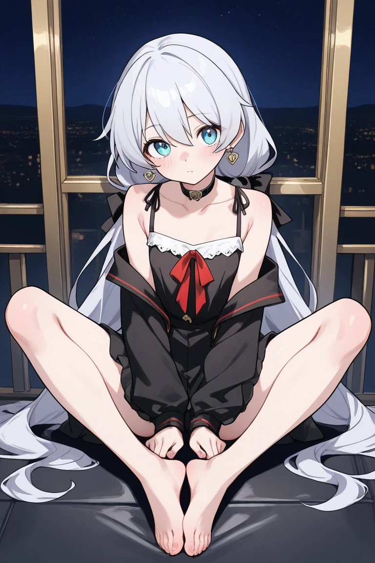 ((Masterpiece, Best quality))++, Detailed light+,  Detail hair+, detail hand+ ,1girll, woman, Long hair,  dark red eyes,  Beautiful eyes, 20 years old, white hair, (Beautiful white hair:1.5), (Beautiful detailed eyes), high resolution+,  Masterpiece, Reflective eyes,  {{Angle}} , extremelydetailedwallpaper, Original, full body view ,Bedroom, upper legs, stars in the sky, Black thigh boots, lace-up boots，Gothic_Lolita，Normal legs, revealing panties，Shoulders exposed, smile, shy, trying to be seductive but a little embarrassed, flirty, topless, small breasts, pink nipples