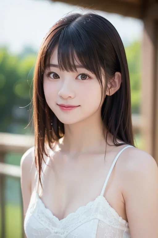 masutepiece, Best Quality, 8K, 15yo student, Teen, Raw photo, absurderes, award winning portrait, Smile, Smile, Solo, Night, neons, Idol face, violaceaess, gardeniass, Delicate girl, Upper body, Digital SLR, Looking at Viewer, Candid, Sophisticated, zora々Right, Thin arms, Professional Lighting, Film grain, chromatic abberation, (Eyes and faces with detailed:1.0), (Bokeh:1.1)