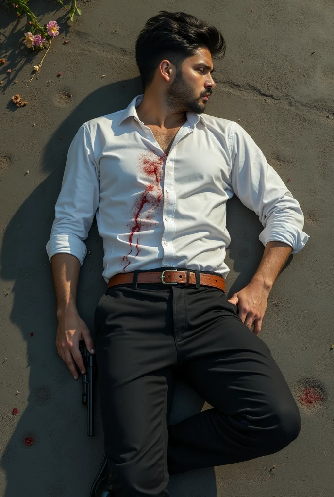 Create a picture in a light background, where a man is wearing white full sleeve shirt and navy blue pant showing his back, in one hand he is holding a chopper and blood is dropping from the chopperand lastly give a horror effect to the picture