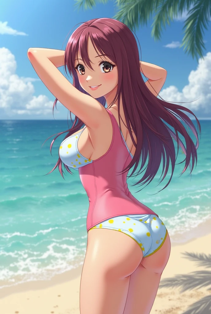Young woman on the beach, Wearing a pink two-piece swimsuit, Pale skin, Strong Body, Hands on hips, Long dark brown hair, Hazel Eyes, Pause, Grin
