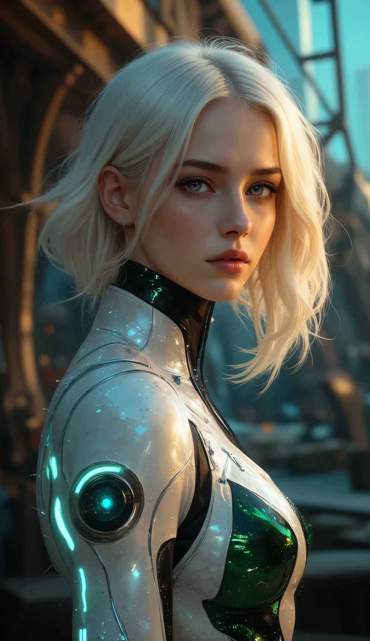 one female, ((Highest quality)), ((masterpiece)), (detailed), ((very detailed face)), High resolution photograph, full body portrait, slim face, pretty woman, (platinum blonde hair), blue eyes, detail eyes, double eyelids, (Beautiful Delicate Eyes and Lips), ((The arm is equipped with an air-illuminating monitor for communication)),
A futuristic woman wearing fashion from 50 years in the future. She is dressed in a bodysuit-style dress with metallic silver and emerald green colors, creating a reflective, glossy effect. The fabric is smart and adapts to temperature and humidity, subtly changing color and reflecting light with her movements. The design is sleek, streamlined, and elegant. Delicate LED light patterns are integrated into the arms and back, glowing in flowing ribbons as she walks. Her hairstyle is futuristic, with short bangs and long, straight hair in the back. In the background, a futuristic city skyline with towering glass buildings reflects light.
