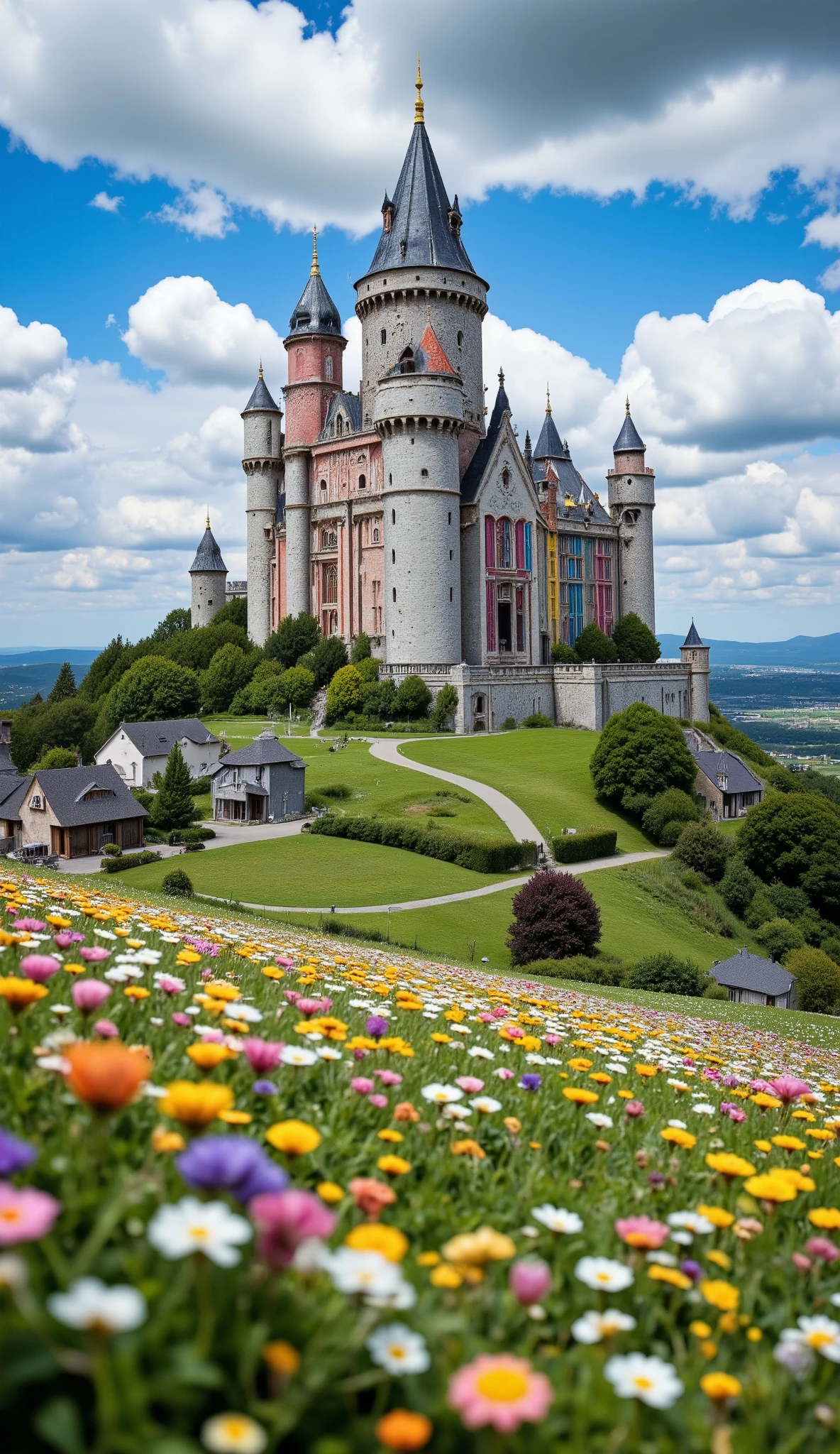 when viewed in high-definition、the colorful Camelot Castle from the time King Arthur was active、There are castles that are majestic and awe-inspiring、A castle that rises slightly above the hill、You can also see private houses and flower fields。