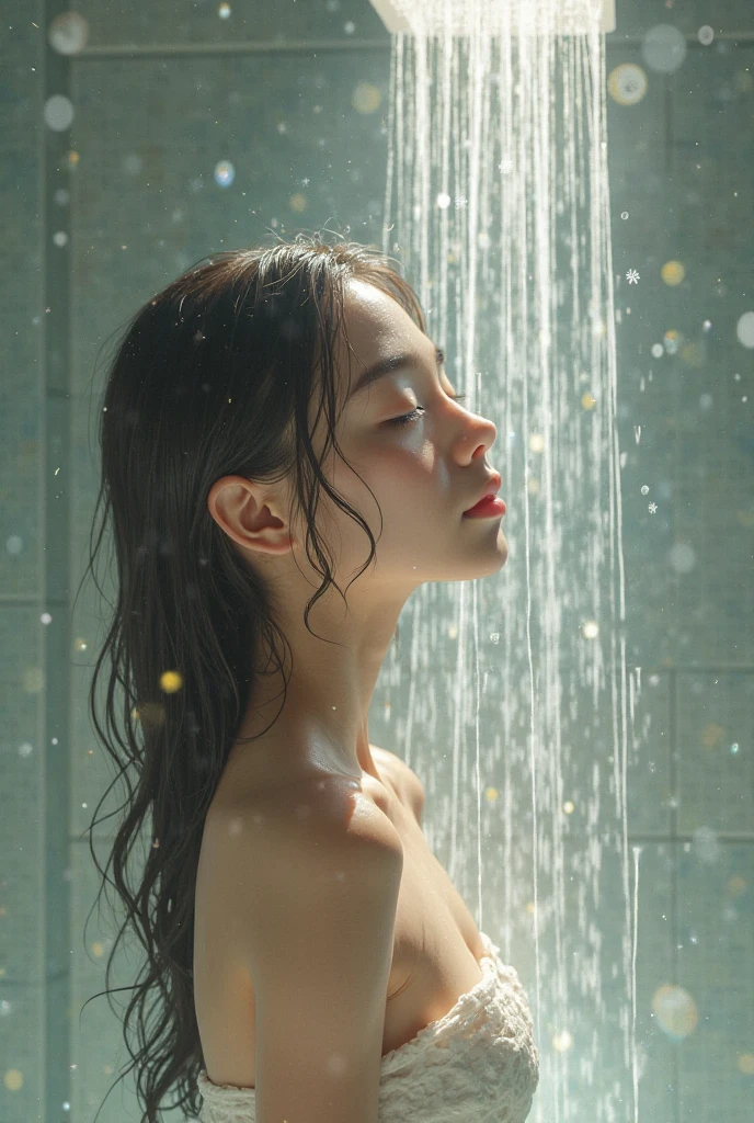 1girl、8K、RAW Photography、top-quality、​masterpiece、realisitic、Shower room、being hit in the shower、Hair is wet、splash water、profile、gravure、The upper part of the body、Topless on chest、a closeup、kawaii、Bronze Hair、glamor、Photorealsitic