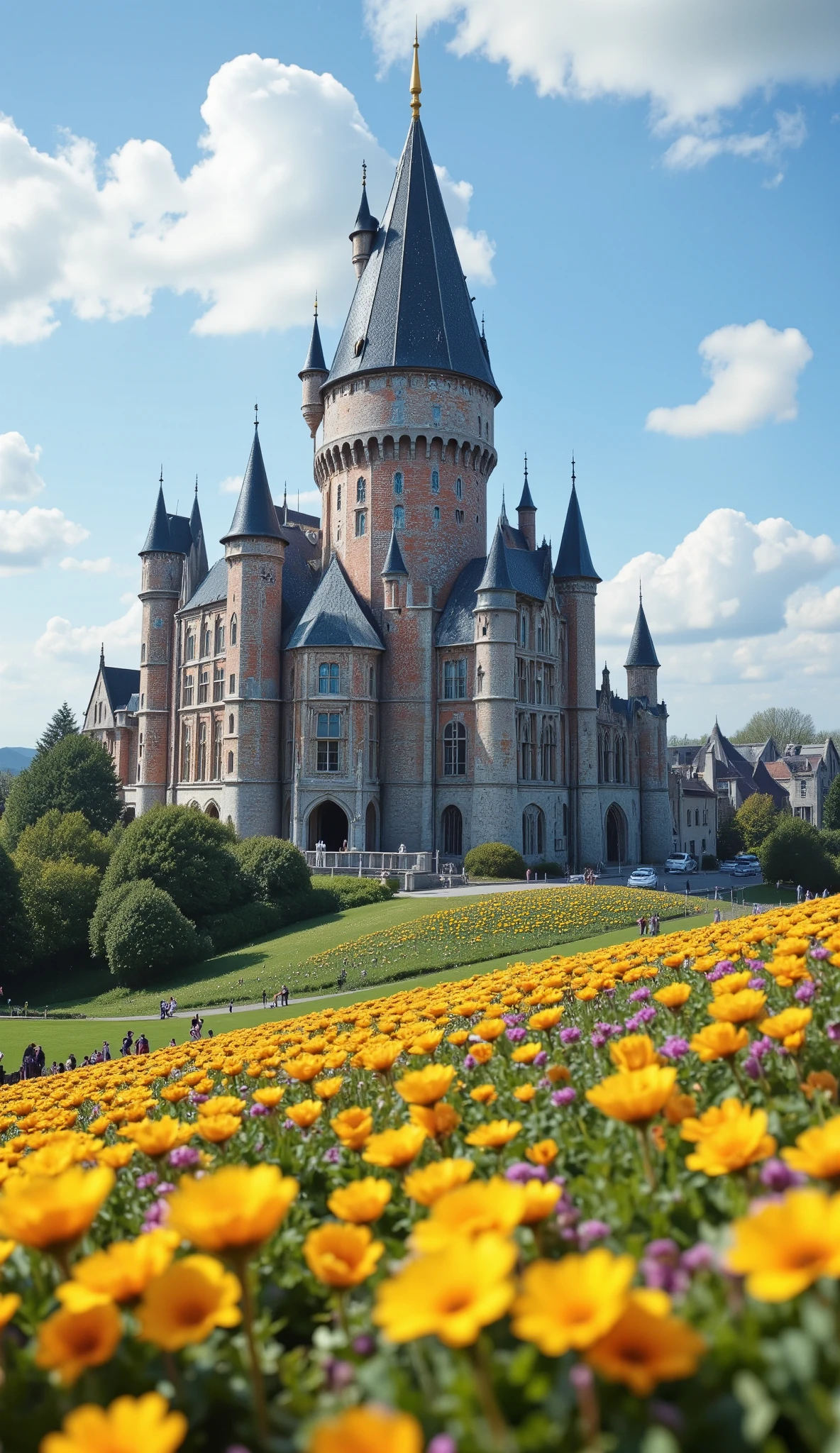 when viewed in high-definition、the colorful Camelot Castle from the time King Arthur was active、There are castles that are majestic and awe-inspiring、A castle that rises slightly above the hill、You can also see private houses and flower fields。