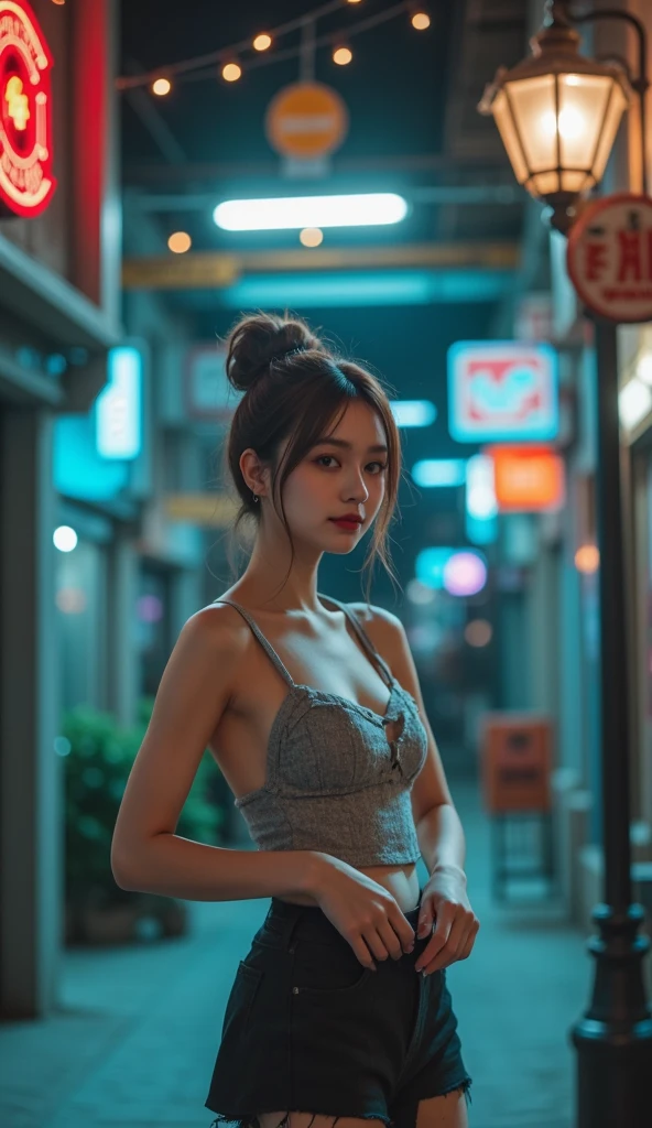 a beautiful girl, detailed eyes and lips, standing alone on the middle of a street in Thailand's Chinatown, 1girl, high contrast, vibrant colors, cinematic lighting, photorealistic, 8k, extremely detailed, hyper realistic, masterpiece, digital art, cinematic, muted tones, dramatic lighting, moody atmosphere, detailed environment, intricate architecture, cobblestone street, neon signs, lush greenery, atmospheric haze, beautiful detailed face, elegant pose, breathtaking, cinematic composition, flawless detail, stunning realism