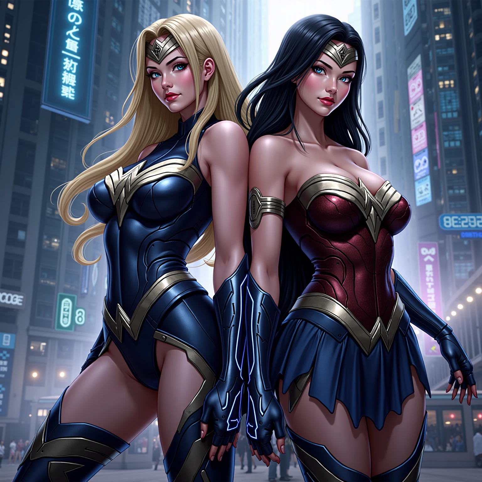 A beautiful and powerful heroine who is protecting a big city and her partner a powerful hero are looking for a super villain keeping the peace for all mankind, daylight, lightning light, fancy buildings under them, high definition, Ultra Quality, 8k, masterpiece, intricate details, volumetric light, dynamic compositing, HQ comics style