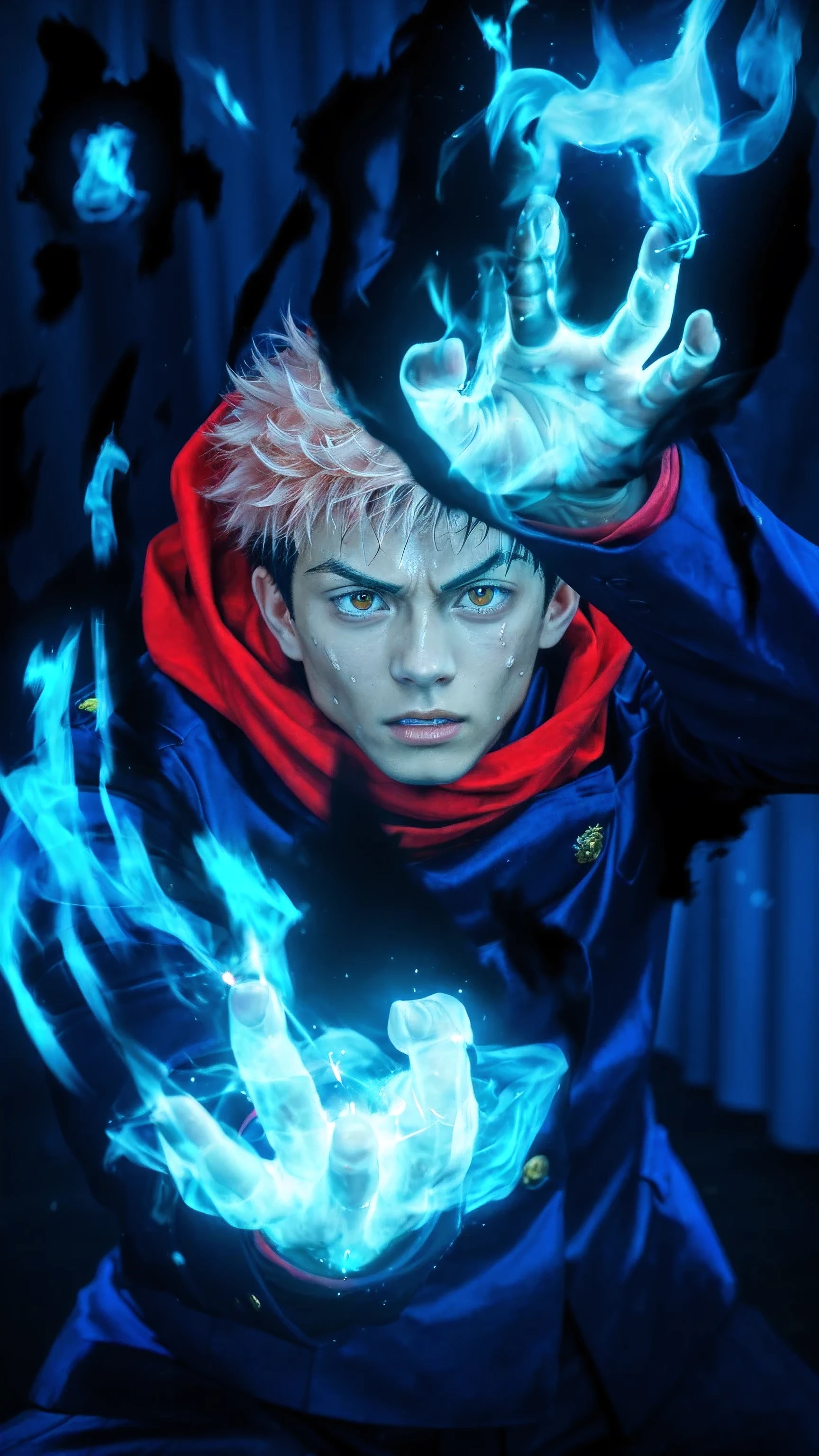 score_9, score_8_up, score_7_up, source_anime, detailed, wallpaper, beautiful details, itadori yuuji, jujutsu kaisen, 1boy, asian, young, male focus, ultra realistic, cinematic lighting, intense expression, short spiky pinkish hair, sharp golden eyes, sweat on forehead, tensed muscles, dark navy tactical uniform, thick red high-collar scarf, two golden buttons on chest, dynamic battle pose, hands glowing with bright cyan energy, black cursed aura surrounding the energy, energy cracks on hands and fingers, blue shadows on face and uniform, dark indoor background, blurry curtains in the distance, dim ambient lighting, sparks and particles in the air, sharp details, high contrast, photorealistic textures, hyper-detailed hands, realistic fabric folds, high-action atmosphere