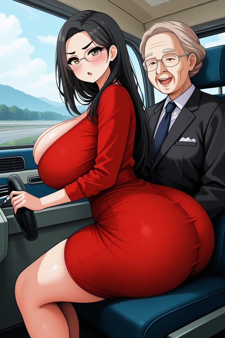 score_9, score_8_up, score_7_up, score_6_up, score_5_up, score_4_up, yu hee romantic moment with fat ugly old man in car , blue eyes, white hair, long slicked back hair, large breasts, glowing heart earrings, business suit piercing bracelet, necklace,