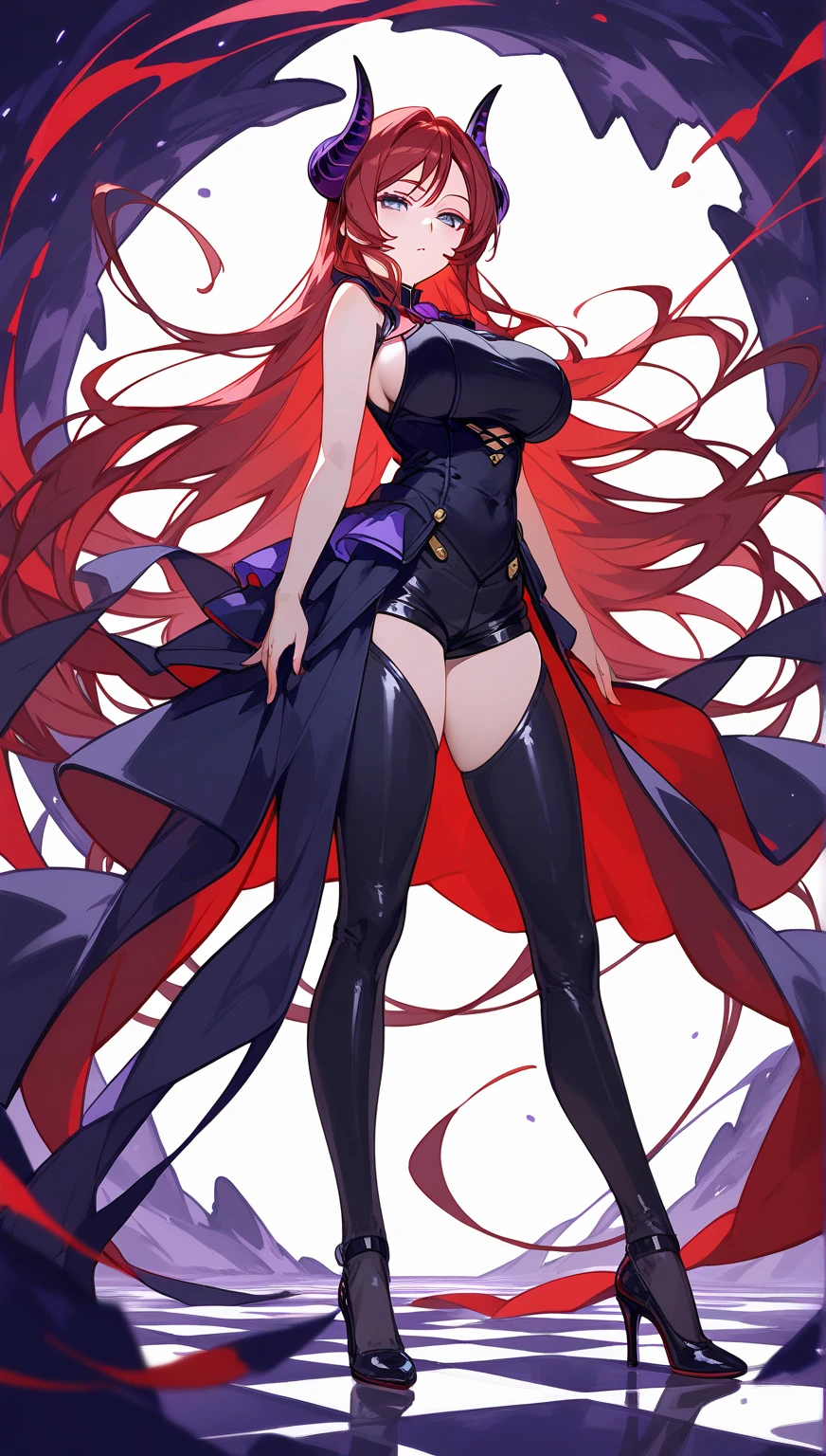 masterpiece, best quality, high quality, detailed, ultra detailed, hyper detailed, insanely detailed, exquisite, beautiful, FHD, Full-HD, 4K, 8K, highres, absurdres, woman, demon, shy, smiling, laughing, floating, looking at viewer, absurdly long hair, red hair, red eyes, tall, glamorous, voluptuous, necklace, piercing, with horns, with bat wings, curvy, toned, in the sky, with a full moon, with a starry sky, with a meteor, at midnight, cel anime, upper body, from front, from below, golden ratio