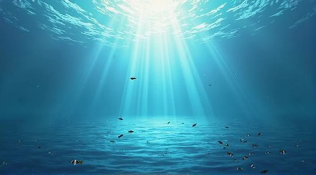 A school of fish swim in the blue ocean,Sunlight shines through the water, amazing depth, underwater looking up, epic scale fisheye view, incredible depth, swirling schools of silver fish, middle of the ocean, under water visual distortion, fish flocks, fish shoal, fish flocks, Shot from below, Shown from below, Volumetric underwater lighting