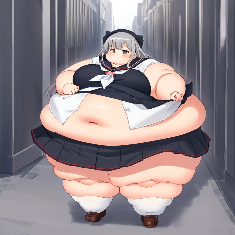 ((())), (((little cutie))), (((short stature))), (((White shirt, vest, vest negro, tie, Short skirt, Masterpiece, 4k ))), ((white hair with fringe)), ((chubby)), (((Obese))), ((Fat face)), (((big belly))), (((Open mouth))), fat and wide thighs, belly, (((tender pose ))), (((in a room))), detailed background, ((full body image)), (((fat rolls))),