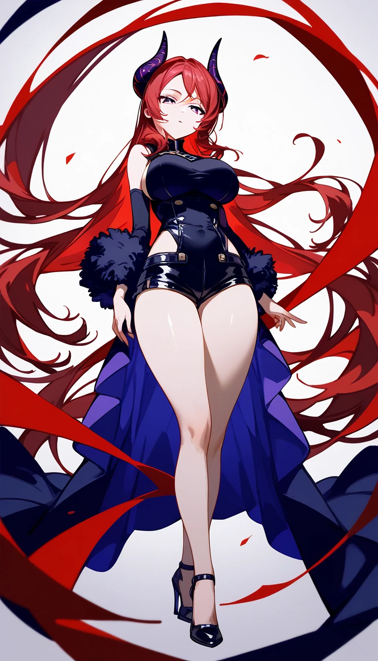 masterpiece, Score_9, Score_8_up, Score_7_up, front view, 1 woman, alone, dark red hair, long hair, dark red eyes, half-squinted eyes, parted lips, expressionless, smooth skin, big breasts, sexy body suit, black shorts , best quality, horned, typical anime girl hair, black sleeveless shirt, high heels.