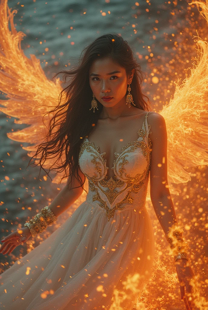 1girl,big breasts,highres,<lora:Xulizhi_Hanfu:0.7>,beautiful detailed glow, floating ashes, beautiful and detailed explosion, red moon, fire, fire cloud, wings on fire, a cloudy sky, smoke of gunpowder, burning, black dress, dove of peace, (floating cloud:1.2),