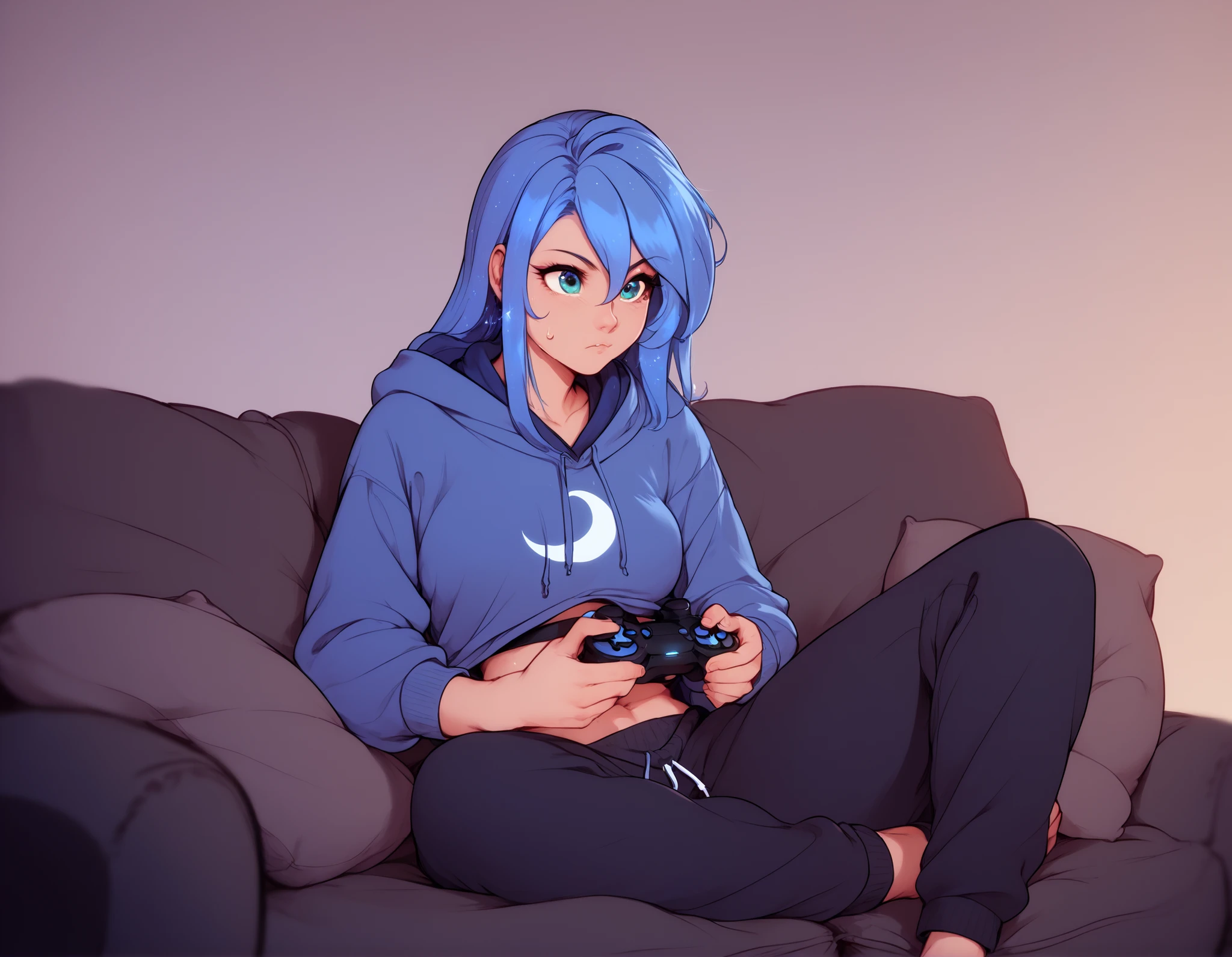 Human Princess Luna, blue hair, hoodie, midriff, sweatpants, sitting on a couch, holding a video game controller
