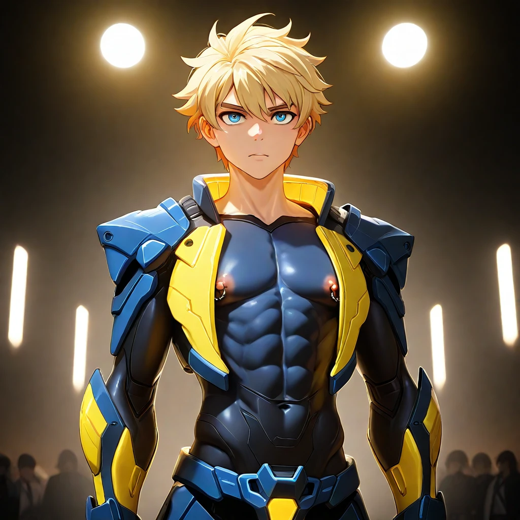 masterpiece, best quality, 8K, HDR,, Muscular blonde captain in a black spandex suit, sitting on a futuristic warship bridge, overseeing operations. His intense blue eyes command attention, while his short hair adds to his resolute expression. The spacious sci-fi warship bridge stretches out behind him.