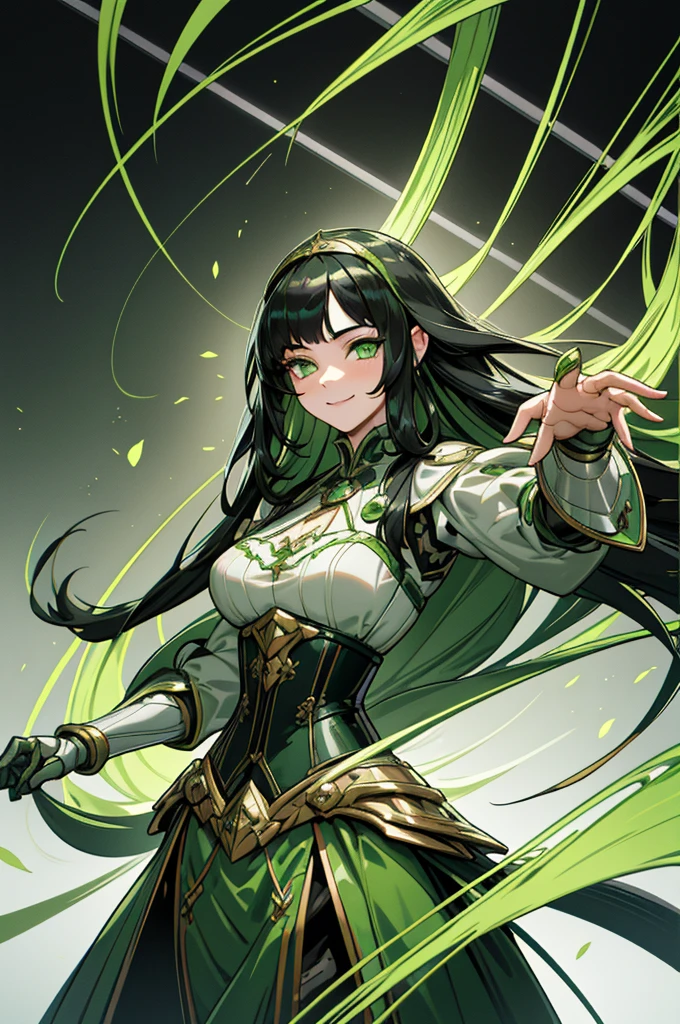 Adult, one female, Long black hair with green line in the middle, white shirt with Rank on the shoulder , short green skirt with gold trim, attack mode With a hand fan While Jump in the Desert , Slanted eyes, Glare, masterpiece, variation style