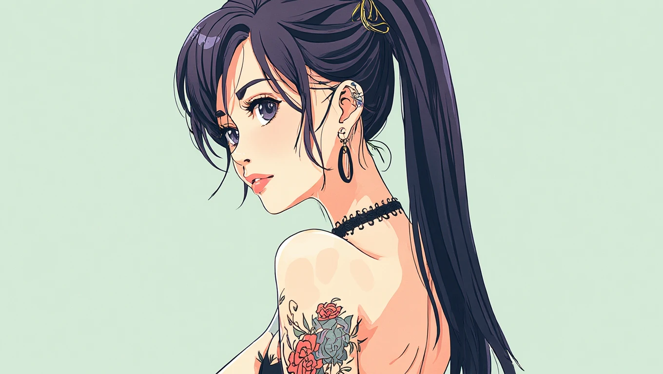 (obra-prima, qualidade superior, melhor qualidade, arte oficial, beautiful and aesthetic: 1.2), 1girl with Asian features, tatuagem, solo, roupas japonesas, ornamento de cabelo, desembainhamento, cabelo preto, bainha, tatuagem nas costas, olhos azuis, fora do ombro, ombros nus, looking behind, from behind, dragon tattoo, olhando para o espectador, segurando, maquiagem, Interior