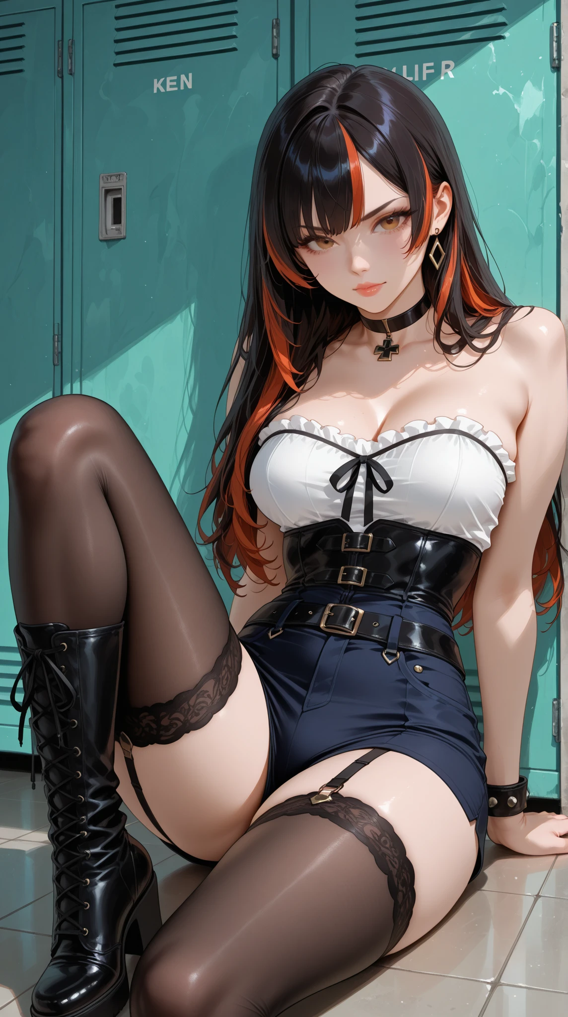 ((Highest quality)), ((masterpiece)), (detailed),Perfect Anatomy,Natural Light,In the city where buildings stand side by side,Night Scenery,A very cute, -faceack-haired woman,((Highest quality, 8k, masterpiece: 1.3, )),A woman with very small breasts,Well-proportioned, slim body,Long, slender legs,Long, thin hands, detailedな顔, detailedな肌, fine grain, detailedな唇, detailedな舌, detailedな指, Mouth detailed, Beautiful teeth alignment,Realistic, High resolution, Natural light, Dynamic pose,Toned Legs, double eyelid, Tear bags, Round eyes, Moist eyes,Moisturized lips,Long, flowing blonde hair, (((Black leather collar,Wearing a black leather jacket,A black leather jumper that reveals the chest,Wearing a very short black leather miniskirt,White panties look good,Black leather belt at waist))),((spread your legs wide 1.9,Open your legs in an M shape..5,Woman sitting with knees up 1.4,A pose that emphasizes panties,I want to see more panties)),Poses that emphasize the uterus,A pose that gives a good view of the anus and pussy,