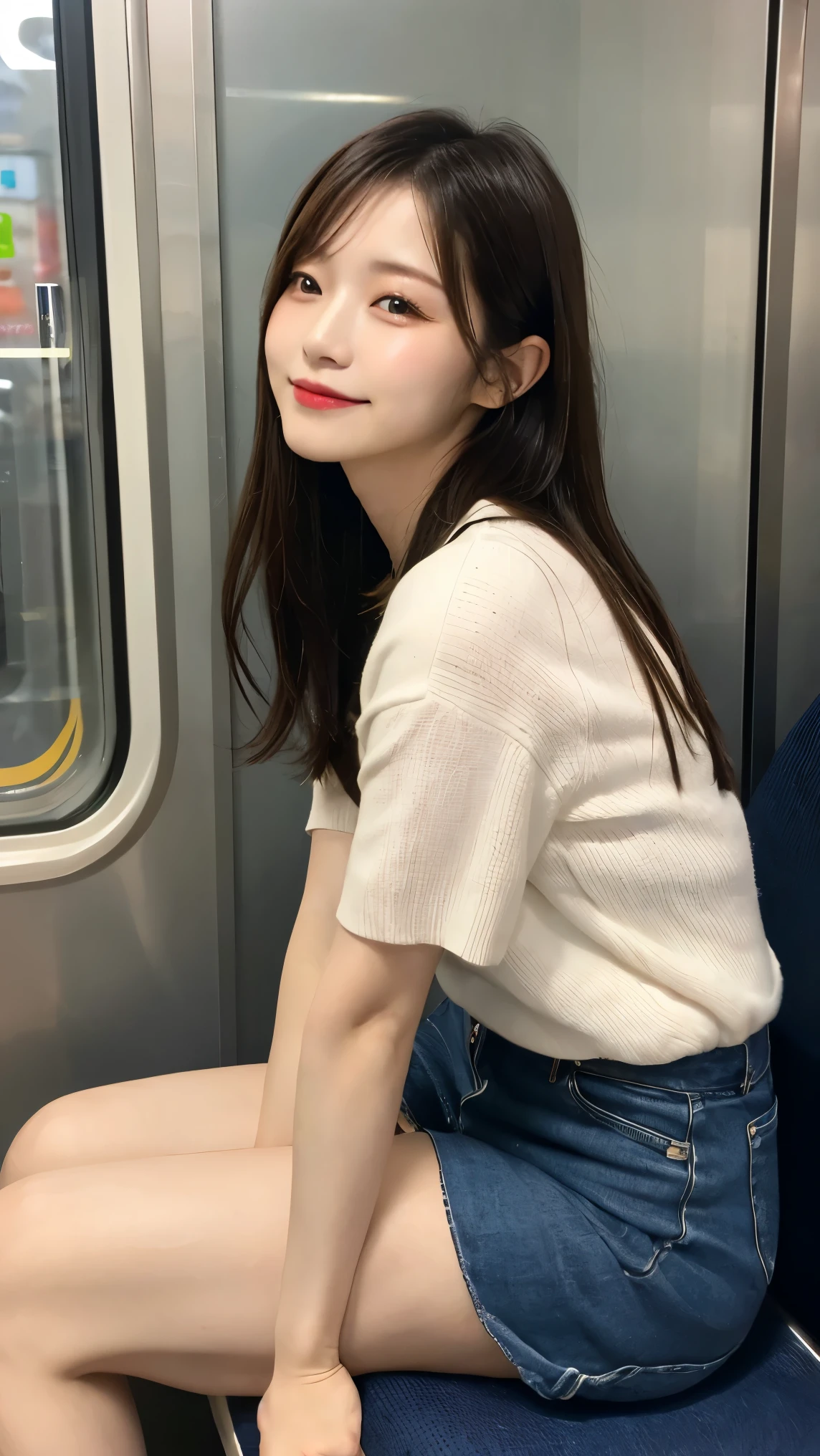 「(Tabletop, high quality, 超high quality, 4K)、20 year old Japanese girl、Accentuate your thighs、Wearing a white mask:1.2、Night train、panties:1.3、(mini skirt:1.5)、Facing angle,(Angle from below),sitting in a train seat,(Crossing your legs:1.3)，Zoom camera on crotch,My feet are on the train floor,Esbian all over,View only viewers」, 最high quality, Ultra-high resolution, (Realistic:1.4),
