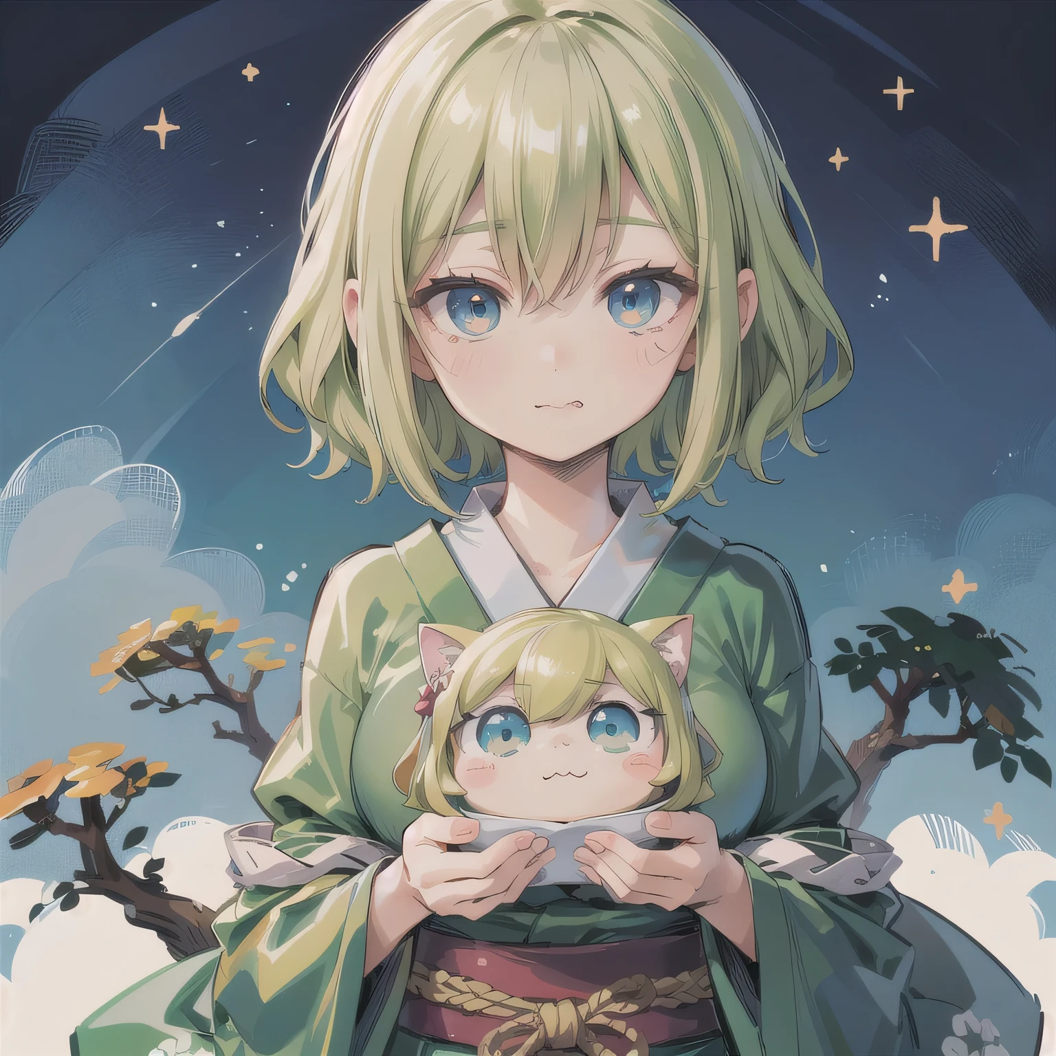 A Japanese anime-style chibi girl, 3-head-tall, super round body and head, deformed proportion, big sparkling eyes, small nose, small closed mouth, cute and soft illustration, simplified color palette, masterpiece, natural and relaxed facial expression, no objects near the mouth, not eating, not holding anything.  Green hair, bob haircut, blue eyes.