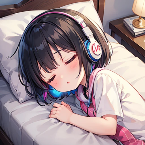 Beautiful girl sleeping in bed listening to music on headphones in a room The starry sky outside the room is beautiful.