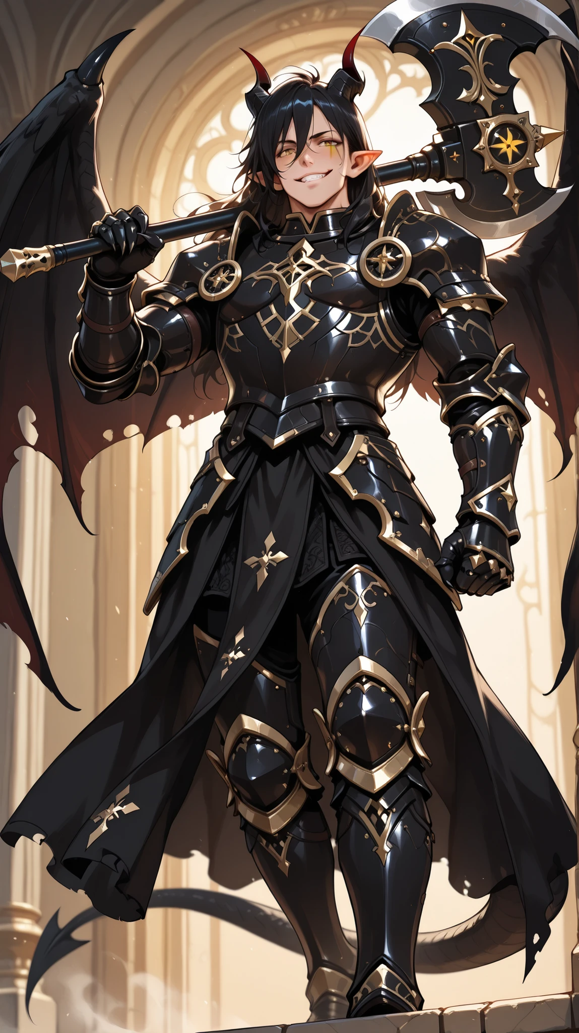 (masterpiece, best quality: 1. 3), highres, 8K, CG, (((Anime))), (1 male), lean body, ((masculine)), (floating in the air), weredragon, japanese anime style, glossy black, shiny black leather, ((beautiful golden eyes, finely detailed eyes, bright eyes, vertical iris)), hair between eyes, long hair, sideburns, wild hair, (sly grin, smirk, evil smile), teeth, confident, black hair, (ultra detailed face), shiny skin, long pointy ears, twisted torso, long-legged, sculpted face, wasp waist, dragon’s horn, dragon’s tail, dragon’s wings, dragon’s sharp claws, ((black armor with a lot of grandiose decorations)), half dragon half human, dramatic angle, dynamic posture, (holding giant axe on shoulder), ultra detailed black armor, black armor with gold accent, all black outfit, whole body, emphasize face, focused expression, sharp focus, oblique angle, good-looking man, well-polished black armor, charismatic pose, (best illustration), cinematic, super detailed, dramatic lighting, (intricate detail, super detail, extreme detailed), reflection, pearly luster, ((highly detailed artwork)), dramatic shadows, tenebrism, chiaroscuro, wonderful pose, chiseled features, stark contrast, heavy shadows, detailed black decorations, beautiful and aesthetic, photoreal, from below, (mysteriously crafted black metal armor: 1. 5), sparkling accessories, thick and luxuriant hair, ultra detailed fantasy black armor, dressed in black, broad shoulder, sharp eyes, true-to-life visuals, artistically refined, dramatic contrasts, ((extremely delicate and beautiful armor, elaborate armor details)), dark armor, toned male, exquisite goldwork, wonderful black armor, armor with intricate engravings, (armor-type boots), ((detailed shoulder armor with intricate engravings, gold accent black armor)), (128K Ultra High Resolution), very gorgeous and dazzling, dark fantasy black knight, slim waistlines, wide chested, sinewy body, splendid scenery background, (((Hyper Detailed & Perfectly Designed Black Armor)))