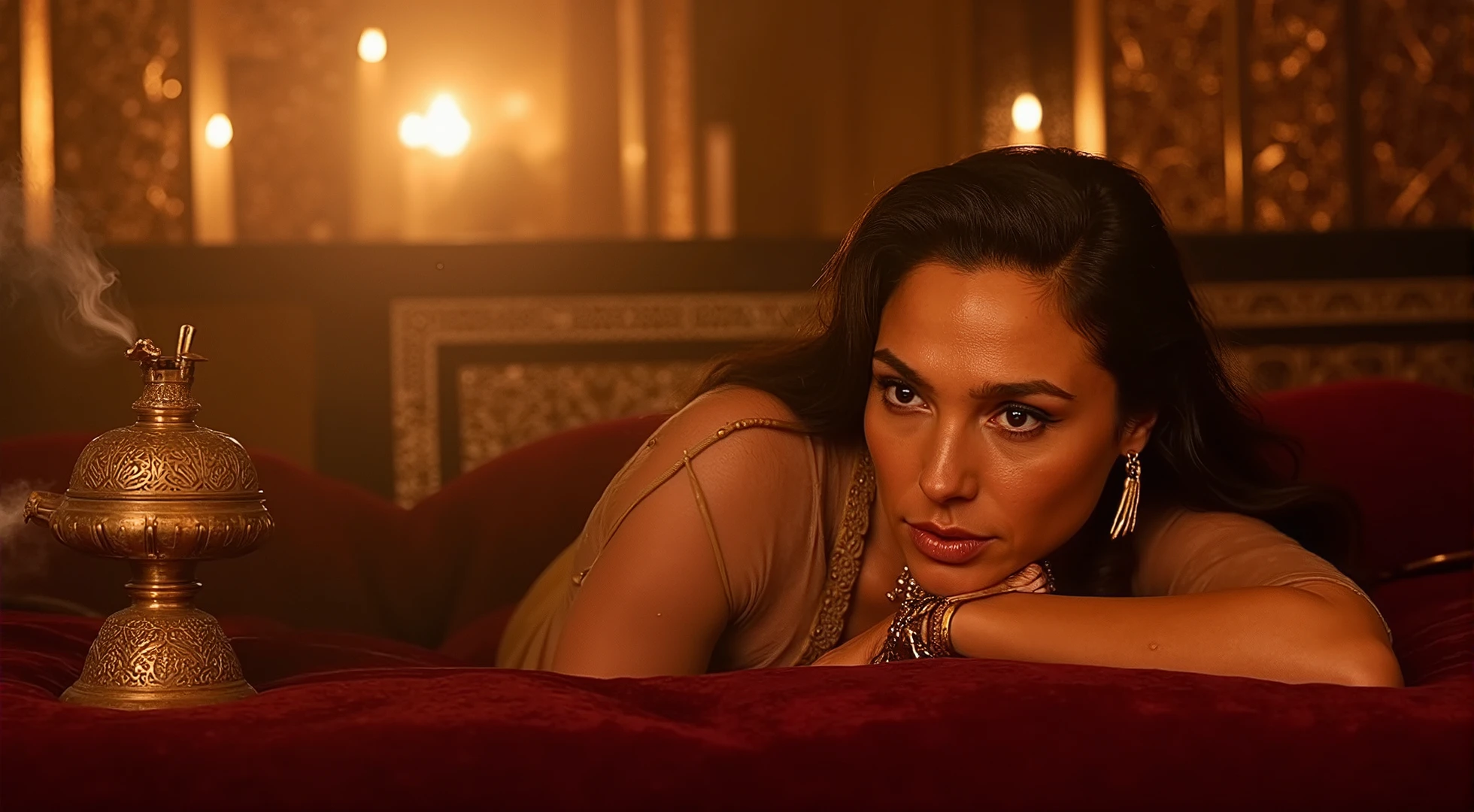 The scene depicts an opulent Ottoman harem chamber, characterized by intricate tile work and rich textiles adorning the walls. The air is thick with golden steam, creating a dreamlike atmosphere that softens the edges of the lavish surroundings. The flickering candlelight casts dancing shadows, illuminating the room's ornate features, such as carved wooden screens and plush, embroidered tapestries. At the center, a beautiful Eastern woman reclines on a deep burgundy velvet cushion, her body draped in a delicate sheer harem garment that modestly conceals her form while accentuating her graceful silhouette. Her sorrowful deep brown eyes, glistening with tears, connect intimately with the viewer, evoking a sense of profound emotion. Long, dark hair cascades over her shoulders, damp against her skin due to the steam. Nearby, an antique opium burner, crafted from intricately patterned brass, emits a thin stream of smoke that swirls gracefully in the warm air. The chamber's rich color palette features deep reds, golds, and earthy tones, enhancing the luxurious feel. Keywords: photorealistic, wide-angle, emotional, intimate, warm lighting, atmospheric, detailed textures, soft focus, luxurious, traditional, ornate, candlelit, steam-filled.