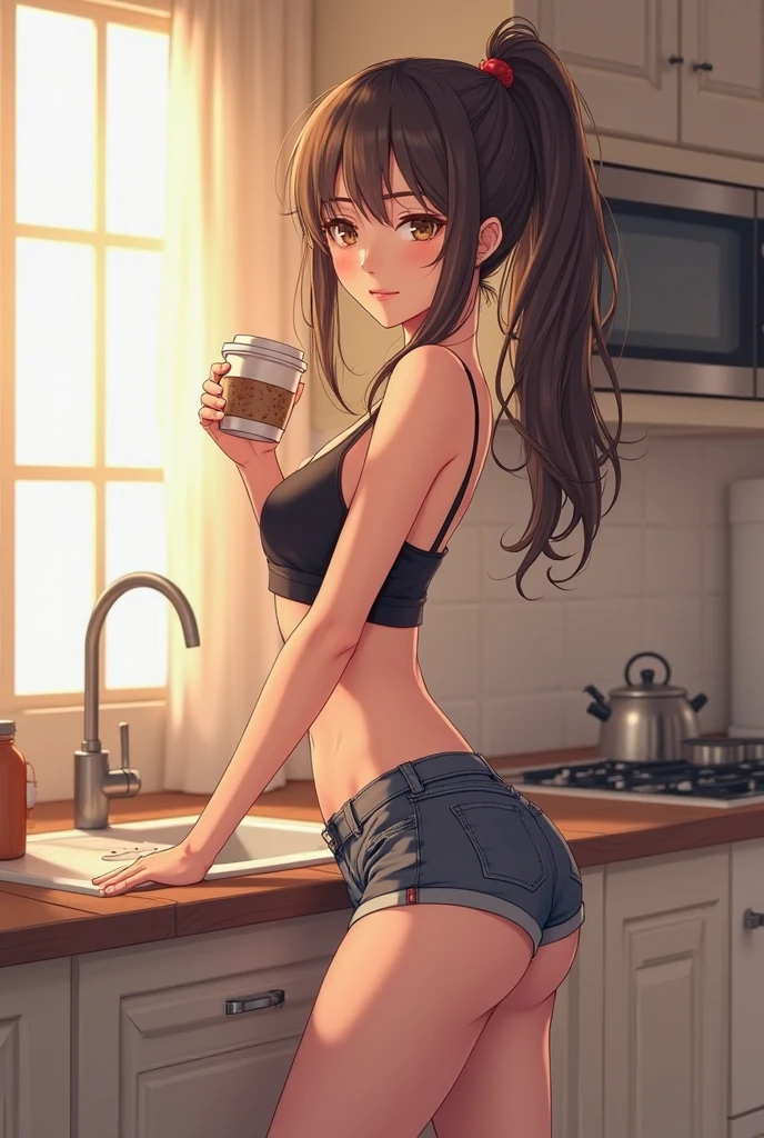 Sexy aesthetic anime girl. Big boobs and ass. Studing with a coffe in a coffe shop. In horizontal format image