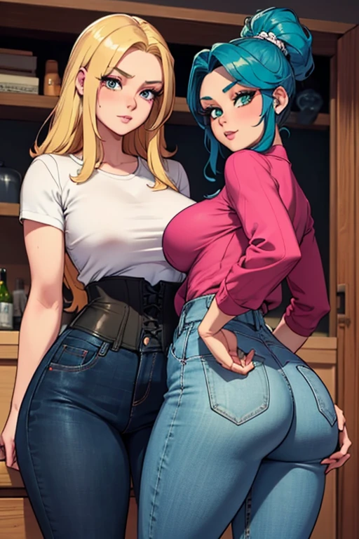Two girls kissing, Hot one blonde with short hair, wearing a blue crop top and denim shorts, the other with silver hair, wearing a latex shirt, wearing A thong panties and squatting in front of the blonde