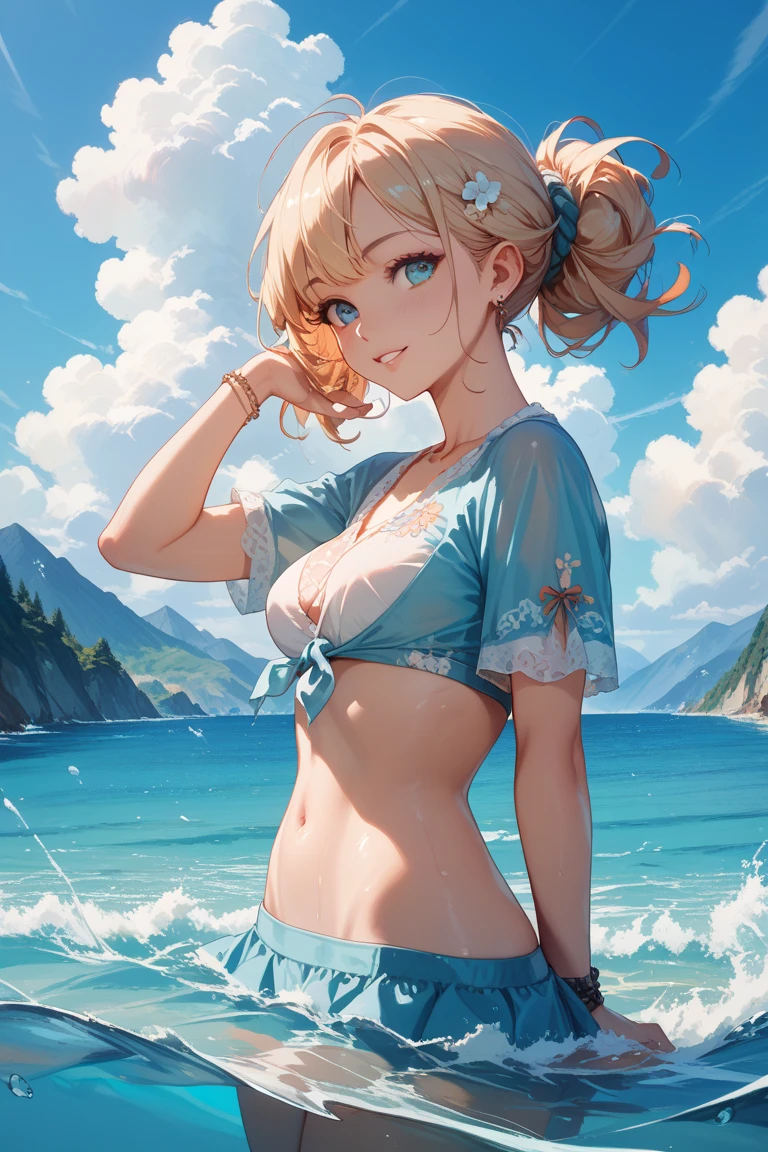 master piece, Best Quality, Illustration, Oil painting, Ultra-detailed, finely detail, detailed painting, hight resolution, 8K Wallpaper, Perfect dynamic composition, Beautiful detailed eyes, 1 woman, playful pattern,
Bikinis, floral and light blue swimsuits,