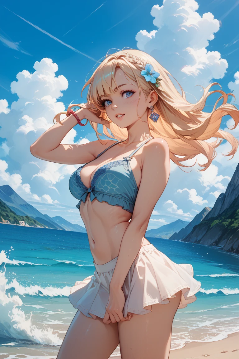 1girl, blonde hair, eyelashes, hair over one eye, blue eyes, big lips, ultra-detailed, high quality, highres, absurdres, best quality, best quality, large breasts, blurry background, evil smile, long hair, bright pupils, shiny skin, tall female, colored skin, pink lips, backlighting, outdoors, extremely detailed, original, glitter, shiny skin, shiny, highlighed breasts, full body,