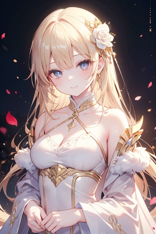 1girl、(((best quality)), ((masterpiece)), (details), masterpiece, best quality, high quality, ulutra detailed, perfect face, ((1girl, blond eyes, tiger ears: 1.3 blond long hair: 2.5,Mole under left eye:2.0))、Shiny Hair、Glowing Skin、Lustful look、Holding a bouquet、blue sky、smile、Frill dress、