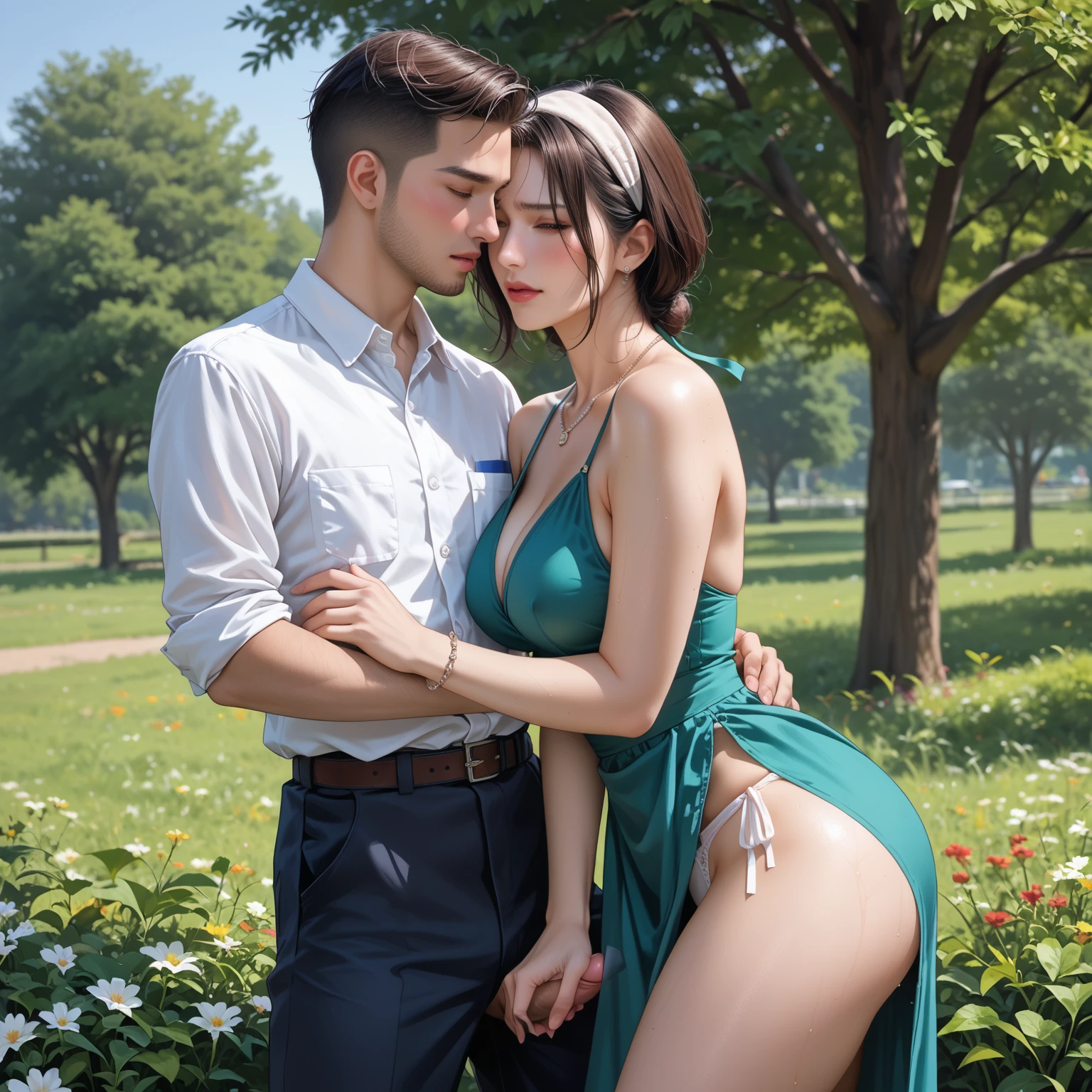 The man in his 55s with black very short hair and smooth face with moustache. The woman in her 55s with brown long wavy hair. In the outside garden with yellow lilies. Night, dark, dim. The man is wearing unbuttoned black shirt. The woman is wearing green dress. The woman is sitting the iron table. Missionary sex. The woman is moaning. Orgasm. Passion. Erotic. Ultra realistic.