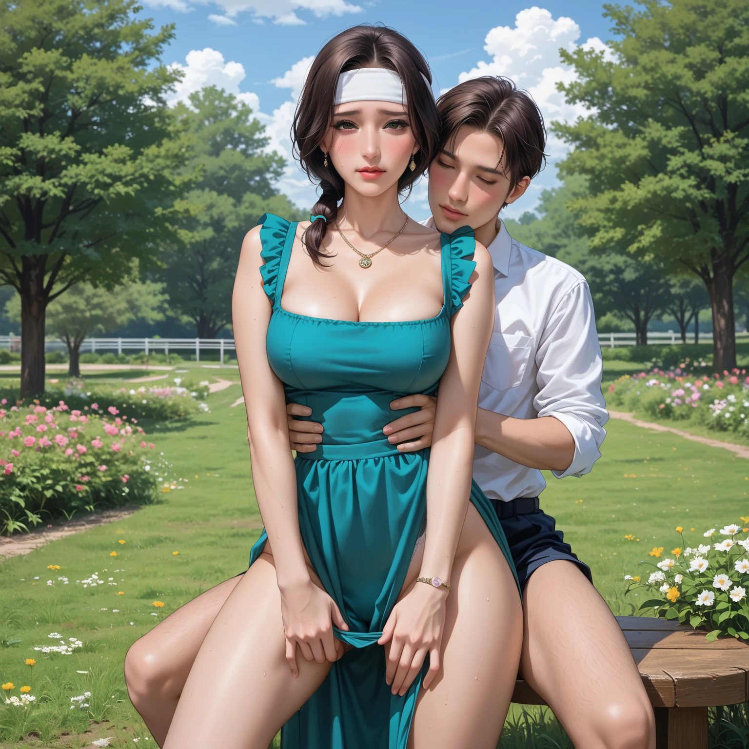 ((One couple, one man one woman)) Best quality, masterpiece, super high resolution, a super model soaking in a hot spring in Japan, outdoor hot spring, stone hot spring, surrounded by moss and trees, super beautiful face, pure body, clear pores visible, (smile:0.8), wearing (muscular man), (realism:1.5), original photo, soaked body, covered in sweat, bare shoulders, in the dark, deep shadows, low-key, cold light, purple yellow pyjamas shorts netted, standing, hand on waist, hand behind head , light smile ((one man one woman, standing, kissing , hugging from behind, eachother touching eachother))
