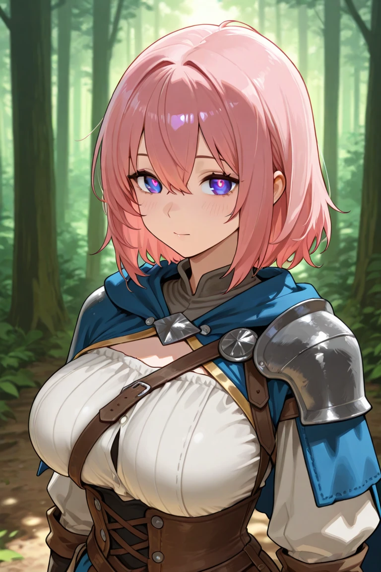 , masterpiece, Highest Quality, Highest Resolution, perfect background, perfect perspective, sharp image, perfect details, perfect lighting, perfect shadows, Perfect lighting, Best background, 1girl, filo, cleavage, pink hair, thigh highs, sword, cape, gloves, blue skirt, short hair, behind view, butt,