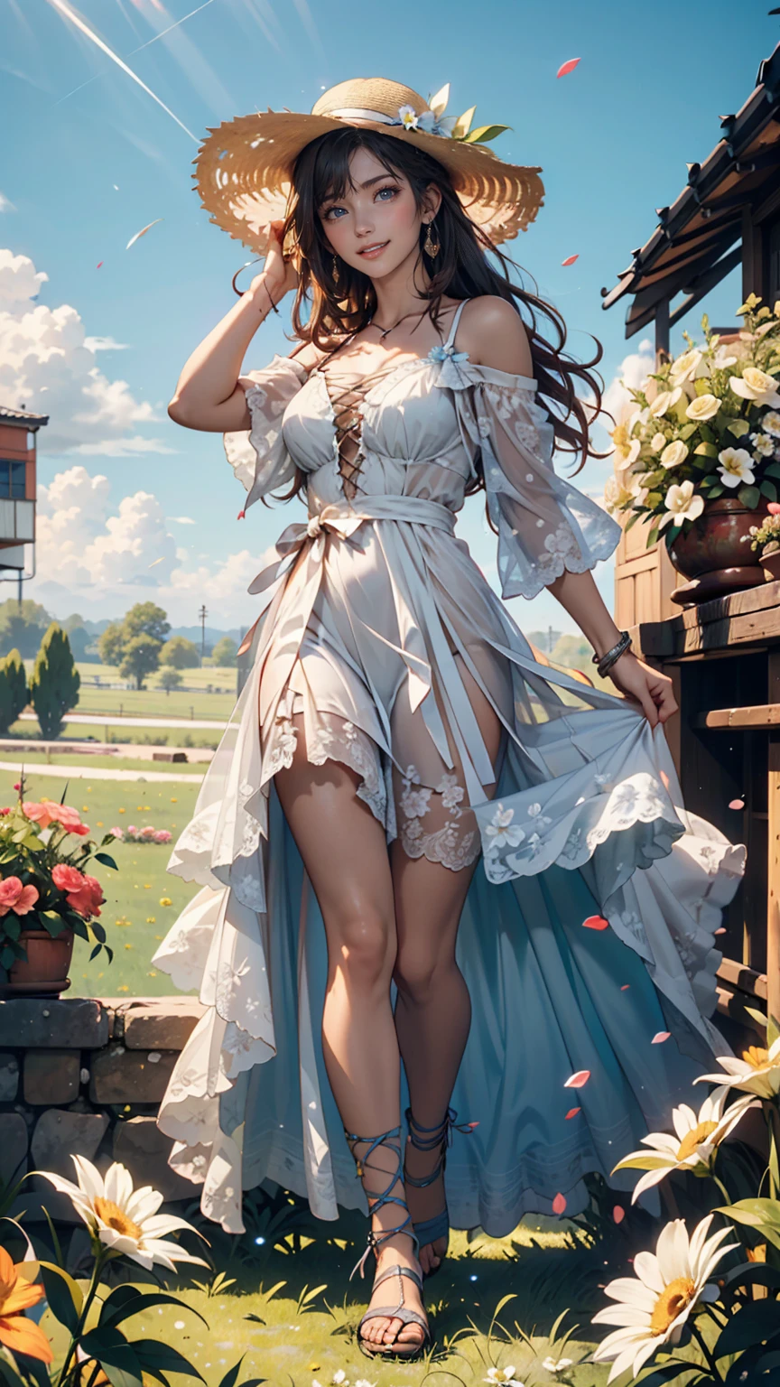 masterpiece, highest quality, One Girl, Thighs, beautiful girl, Flowers, Lots of small petals, Small waist, Official Art, RAWphotograph,The needle is accurate、Face Light, Dynamic Lighting, Cinema Lighting, Ultra-realistic, High resolution, photograph, Sharp focus, Highly detailed eyes and face,Symmetrical face, whole body、Large Breasts、Long Hair、チラリと見えるThighs、Beautiful cleavage、White dress shirt、Black shoes、Beautiful feet、Embarrassing breastodel standing、Tate