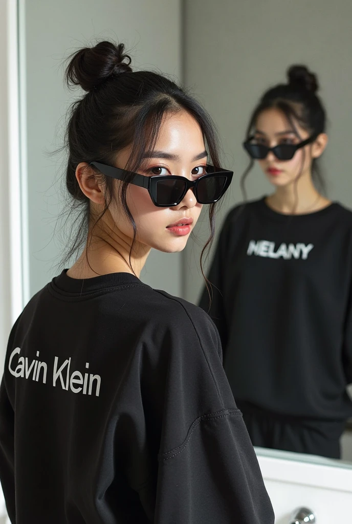 (A female junior high school student,Navy blue T-shirt,YALI wording,black-frame glasses,High-top canvas shoes):1.5