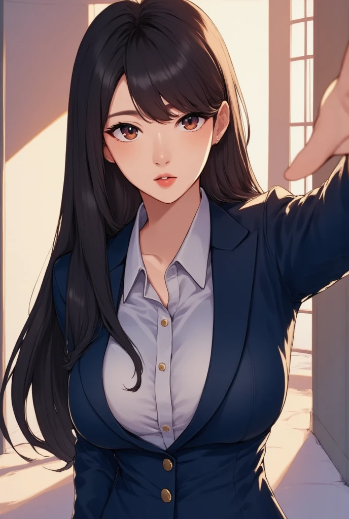 Mature women, adult, business suit, jacket, white shirt, necktie, pants, best quality, hires, detailed face, office, buildings from window, detailed background, diffused sunlight, depth of field, bokeh,big breasts, chandelier earrings , lipstick,sharp jawline long Hair, perfect body,makeup, beautiful face, smiling ,hand in pocket, cleavage