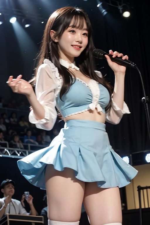 {{An 18-year-old girl in a miniskirt and white shirt is holding a microphone,}} , Execute ,{{Lace panties visible under the skirt 1.2}} , Beldelfinn, on stage, , on stageでライブ, , whole body,Pretty face, {{Double eyelid eyeshadow}}