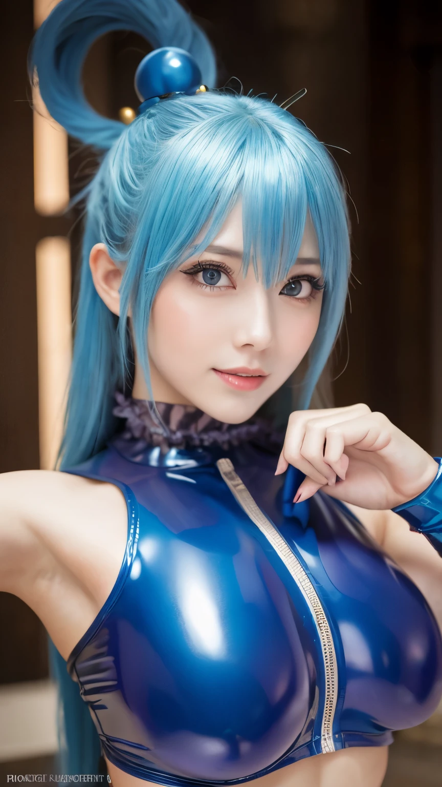  top quality , 8k,  super detailed ,  Photographically Faithful, Best lighting,  beautiful face, Best lighting,  beautiful face, Konosuba aqua, Light Blue, Beautiful Goddess, ( 1 girl:1.4), Black and blue latex outfit, White latex sleeves,  charming atmosphere, victory pose, big breasts in tight latex, shiny sweaty skin