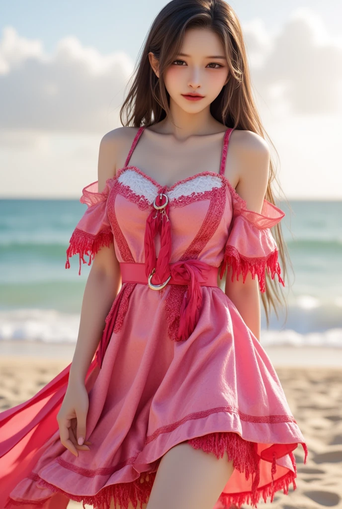 A stunning photograph of a young woman exuding a unique pastel-nautical-goth aesthetic. She is dressed in pastel colors with nautical elements like sailor stripes and a captain's hat, but with a dark twist. She wears a delicate pastel necklace with a dark, gothic pendant. The background is a serene beach with soft pastel colors, and the overall feel of the image is romantic and mysterious., photo