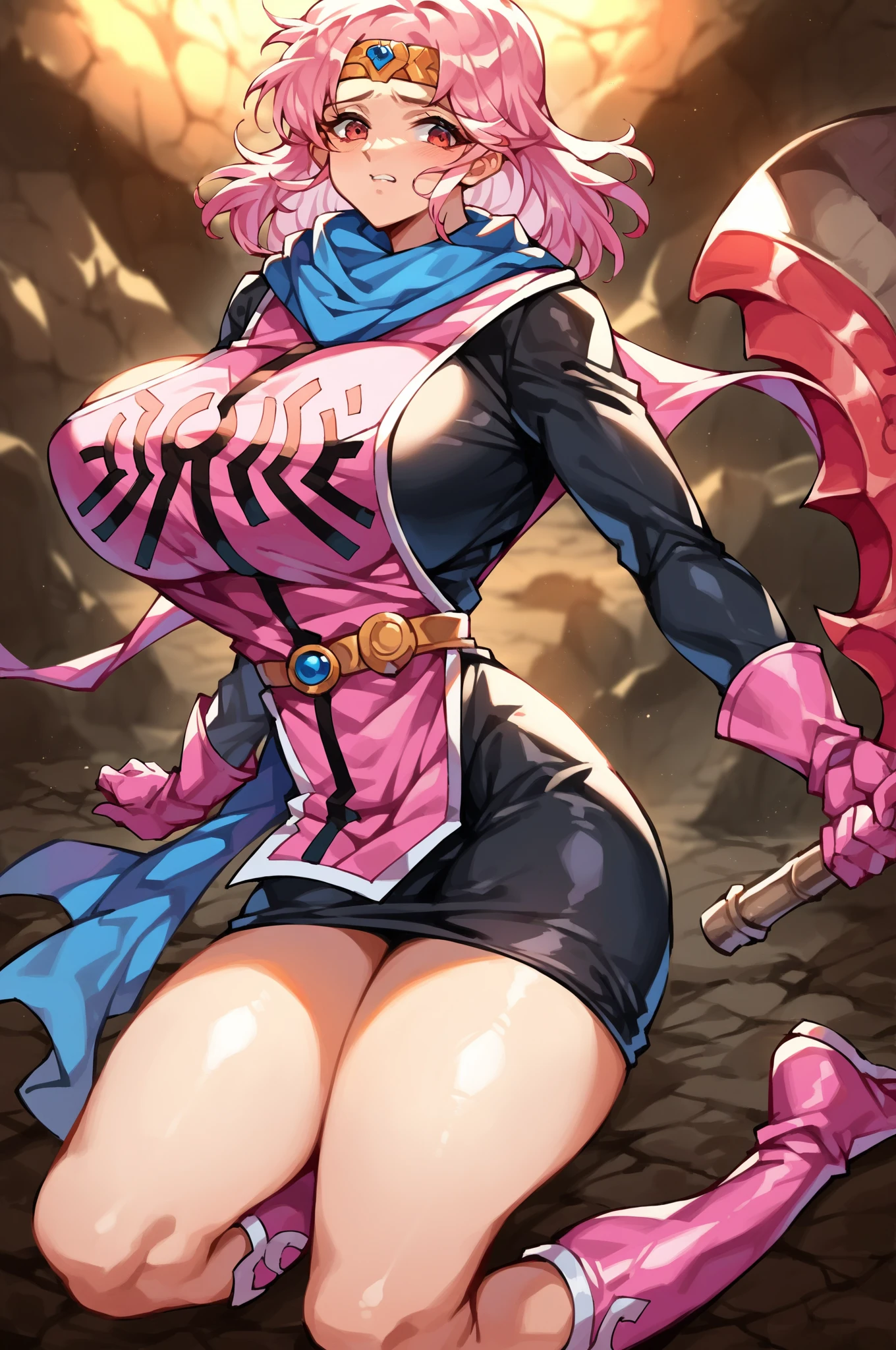 muscle girl,huge breast,, tall female, ,pants, solo focus, 1character, portrait full body,dark skinned female, , vest, coat, walking, medieval clothing, long hair, blond hair,, open mouth smile, revealing cloths, , , berserker, warrior,, full body, walking,, lingerie,flipflops, red eyes