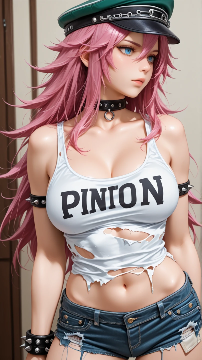 poisonff pink hair blue eyes spiked hair, peaked cap, choker, collar, white shirt, tank top, short shorts, denim shorts, torn clothes,