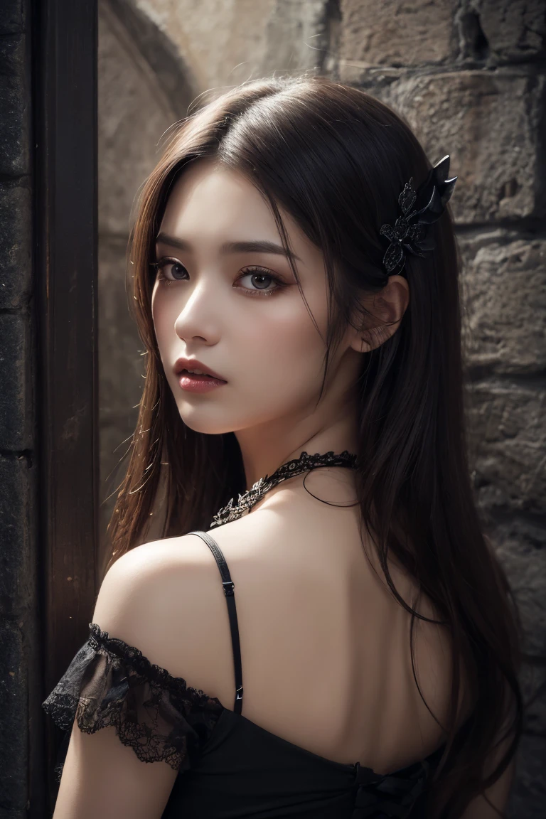 a beautiful lady dimitrescu in an erotic and sensual cosplay, detailed facial features, flawless skin, long dark hair, striking eyes, full lips, elegant and alluring pose, intricate outfit with gothic and victorian elements, dramatic lighting, dark and moody atmosphere, highly detailed, photorealistic, 8k, masterpiece