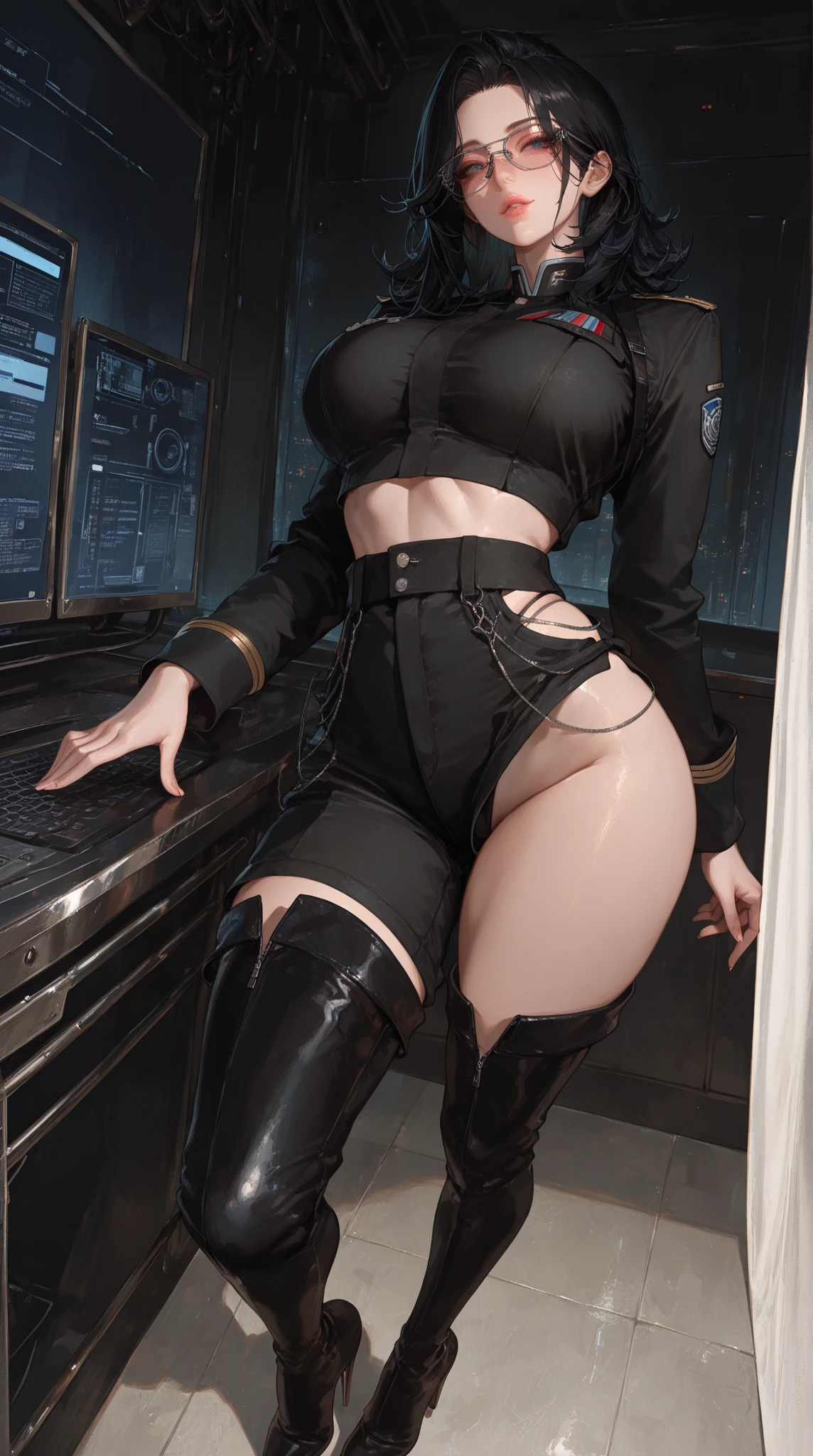 (8K、4K、highest quality、High resolution)、big breasts、High leg、anime face、muscular body、Beautiful eyes that shine、anime chic eyes、kind face、nun、Lock,O-ring,veil,elbow bag,thigh strap,thigh boots, Sit in the cockpit,MS cockpit
