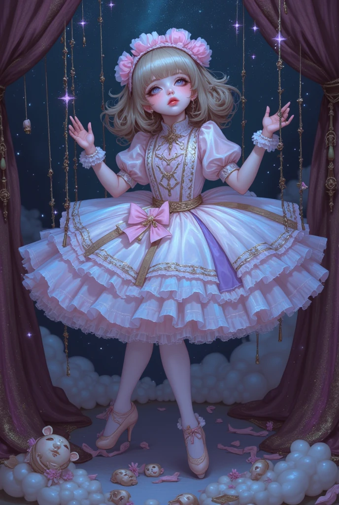 Transparent dress, (transparent material), super gorgeous, extreme multiplication, shiny crystal, cinematic lighting, curly hair, Roman curls, frills, cloudy, alice in wonderland, dramatic composition, extreme detail, high resolution, lolita dress, bow, pearl necklace, lace gloves, bow, ribbon, floating, levitating, flying, misty, dotted, dreamy, (transparent fabric), layered yarn, ((transparent gauze skirt)))